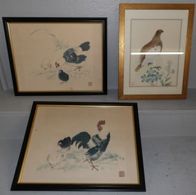 framed Oriental water color of pigeon on silk and two framed prints