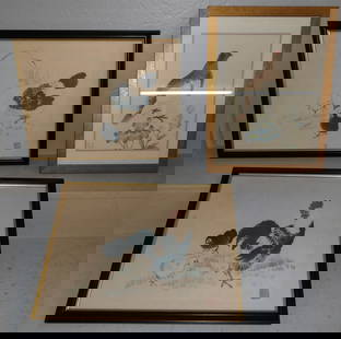 framed Oriental water color of pigeon on silk and two framed prints : framed Oriental water color of pigeon on silk and two framed prints . Up to 18 3/4" x 14 3/4" ALL DESCRIPTIONS AND ANY CONDITION STATEMENT GIVEN BY LANGSTON AUCTION GALLERY ARE STRICTLY OPINIONS AND L
