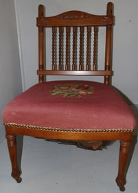 antique walnut spindle back side chair with needlepoint seat