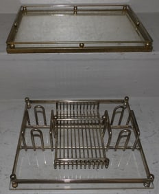 mirror and metal gallery dresser tray and Mid Century inkwell stand