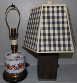 antique tin cannister lamp and hand painted porcelain lamp