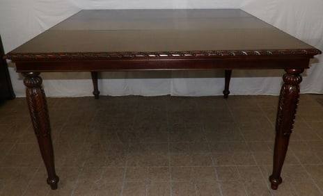 carved cherry and mahogany inlaid top counter height dining table with one leaf