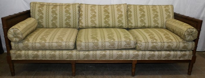cherry Mid Century Modern faux bamboo and cane upholstered sofa by Century