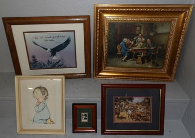 lot of framed prints and framed north carolina stamp