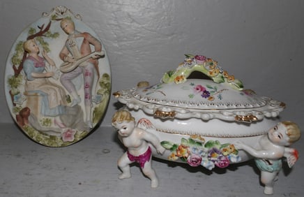 painted porcelain covered dish and wall hanging plaque