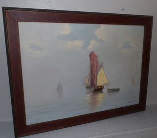 framed oil on canvas of ship signed by artist