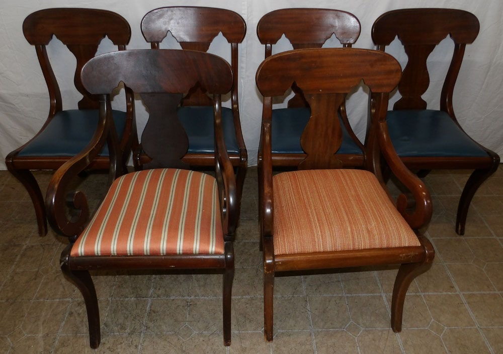 set of 6 antique mahogany dining chairs : set of 6 antique mahogany dining chairs . 34" H 17 3/4" W 20 1/2" D ALL DESCRIPTIONS AND ANY CONDITION STATEMENT GIVEN BY LANGSTON AUCTION GALLERY ARE STRICTLY OPINIONS AND LANGSTON'S SHALL HAVE NO RE