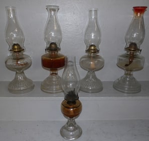 5 antique glass oil lamps