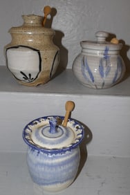 3 signed pottery honey jars