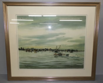 framed watercolor coastal scene signed by artist