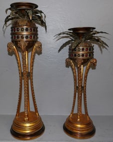 2 gilded metal and resin candle holders with rams heads