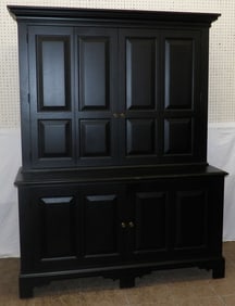 Two piece black lacquered flat screen tv cabinet by Ethan Allen, (Hold 60" TV)