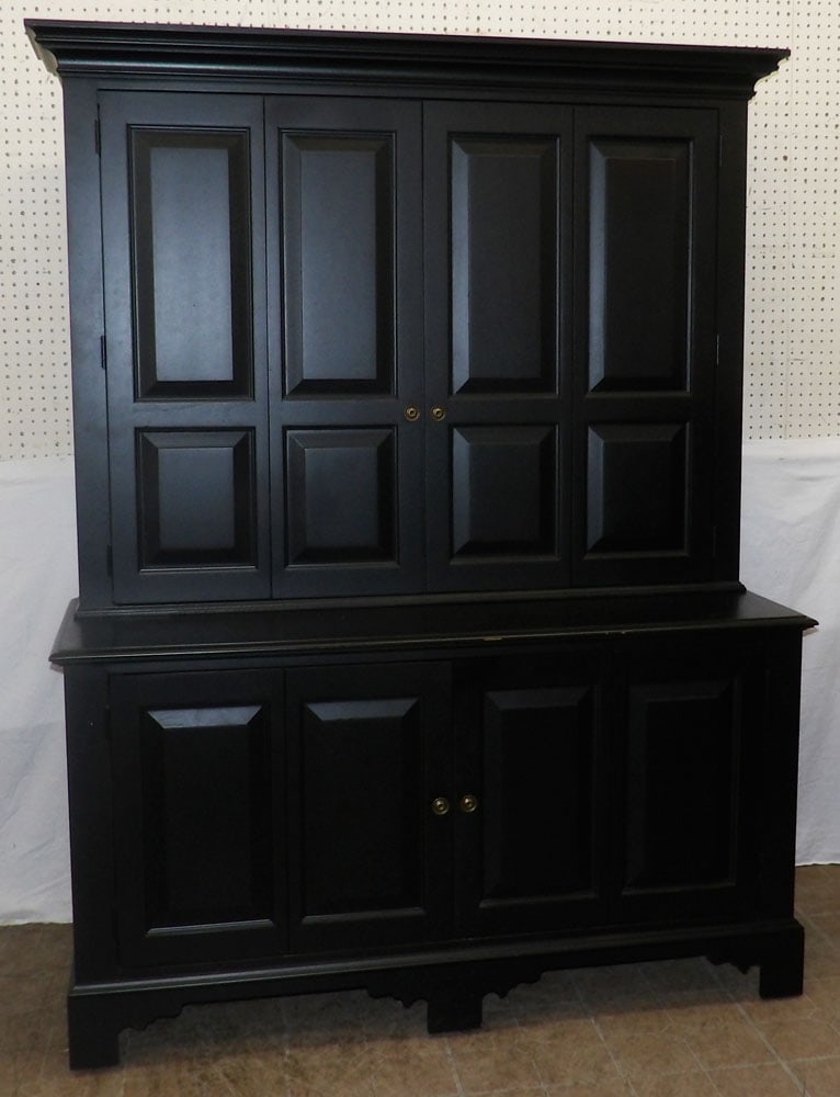 Two piece black lacquered flat screen tv cabinet by Ethan Allen, (Hold 60" TV) (1 of 8)