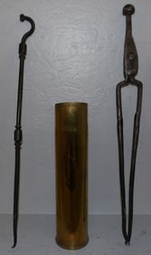 brass trench art vase and (2) 19th Century forged iron fire tools