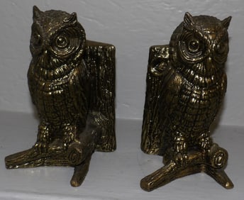pair of gilded metal owl book ends signed Hampton, VA