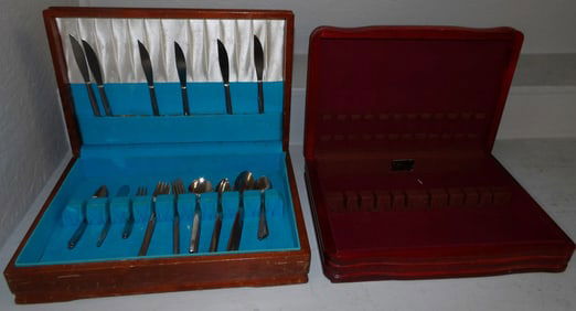 2 mahogany flatware boxes one with stainless steel flatware