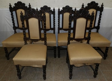 set of 6 carved mahogany barley twist and upholstered dining chairs