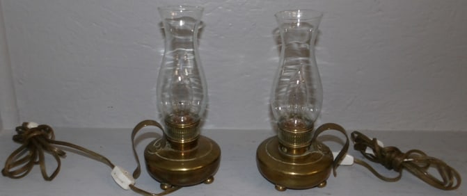 2 antique brass finger oil lamps electrified