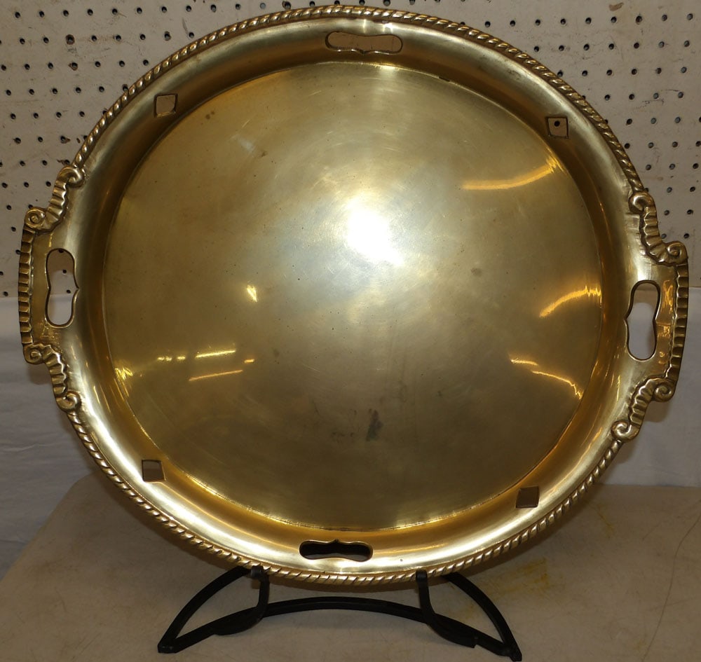 brass serving tray on metal stand  (1 of 3)