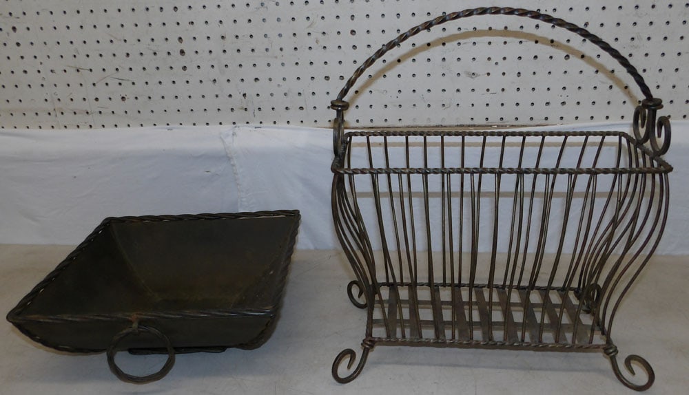 metal magazine stand and planter: metal magazine stand and planter. Up to 18" H 16" W 9" D ALL DESCRIPTIONS AND ANY CONDITION STATEMENT GIVEN BY LANGSTON AUCTION GALLERY ARE STRICTLY OPINIONS AND LANGSTON'S SHALL HAVE NO RESPONSIBILIT