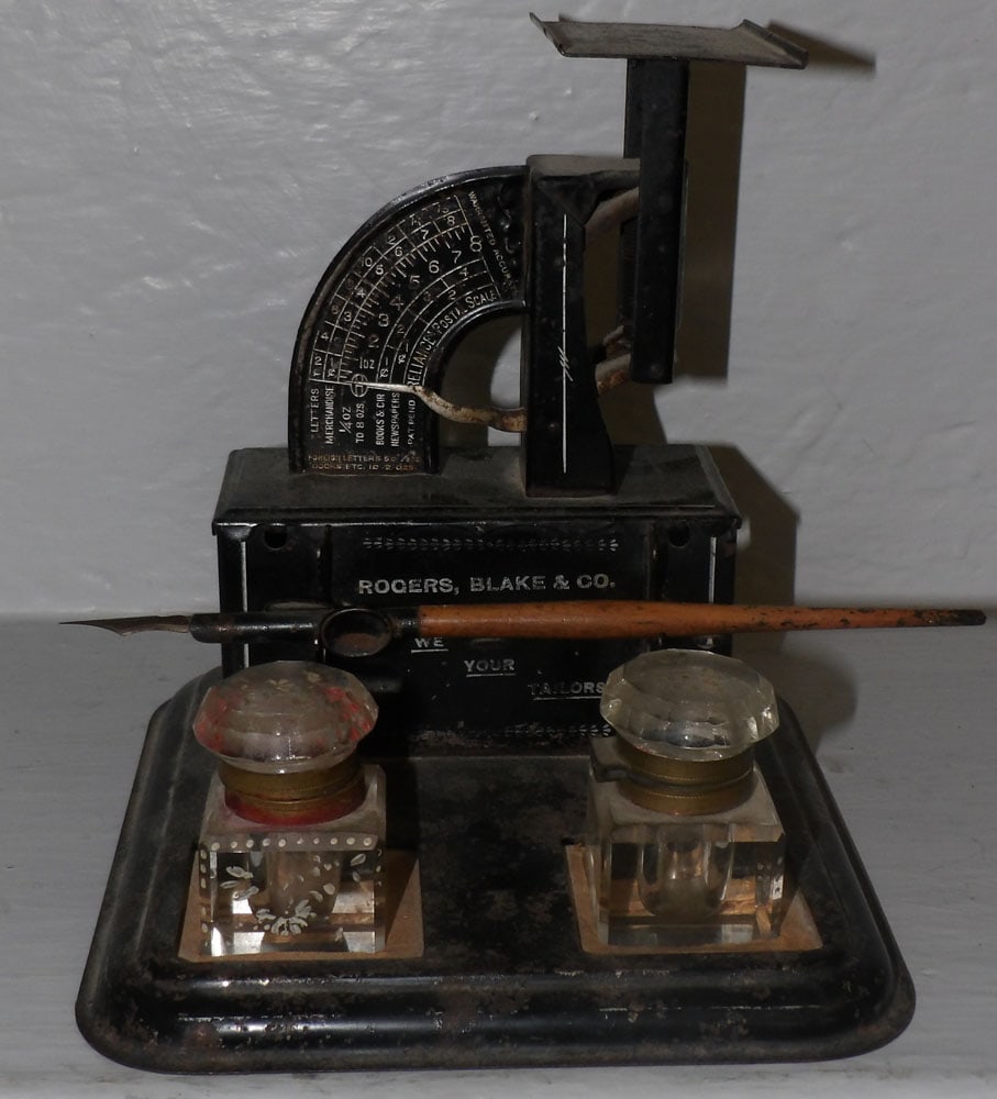 Rodgers Blake and Company painted metal in glass scale form ink stand  (1 of 4)