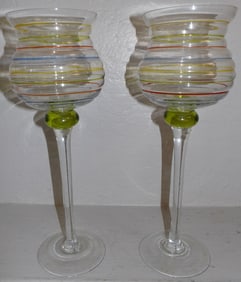 2 art glass candle holders
