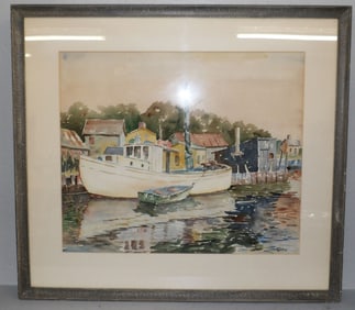 framed watercolor of boat dock scene signed by artist