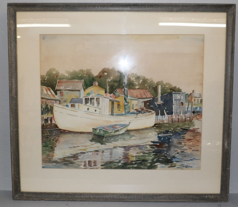 framed watercolor of boat dock scene signed by artist  (1 of 4)