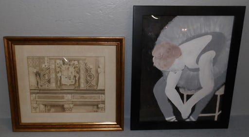 framed black and white photo and oil on board of ballerina