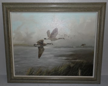 framed oil on canvas duck flying scene over lake artist signed
