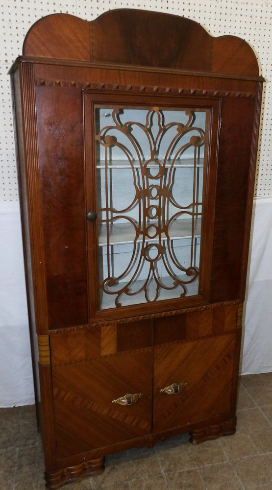 antique inlaid walnut glass door china cabinet : antique inlaid walnut glass door china cabinet . 70 3/4" H 36" W 15" D ALL DESCRIPTIONS AND ANY CONDITION STATEMENT GIVEN BY LANGSTON AUCTION GALLERY ARE STRICTLY OPINIONS AND LANGSTON'S SHALL HAVE NO