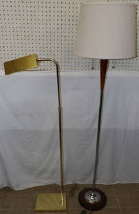Two Mid Century Modern Floor Lamps, (One Brass, One Cherry & Chrome): Two Mid Century Modern Floor Lamps, (One Brass, One Cherry & Chrome). Up to 59 1/4" H 15" Dia. ALL DESCRIPTIONS AND ANY CONDITION STATEMENT GIVEN BY LANGSTON AUCTION GALLERY ARE STRICTLY OPINIONS AND