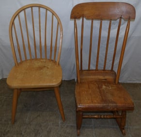 antique pine and oak rocker and maple spindle back side chair