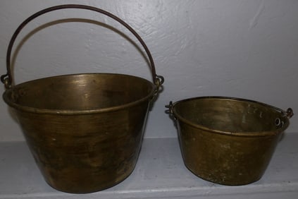 2 antique brass buckets