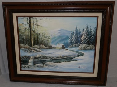 Oil on Canvas of a Country Cottage Mountain Winter Scene Artist Signed