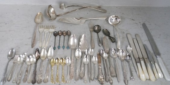 Lot of Ornate Antique Silver Plated Flatware, Mother of Pearl Handle, & Sheffield Serving Pieces