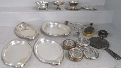 Lot of Silver Plated Trays, Dresser Items, & Rimmed Coasters