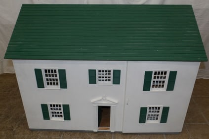 Painted Wood Doll House with Miniature Furniture