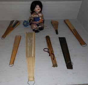 Lot of Oriental Hand Painted Fans & Oriental Dolls