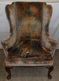 Cherry & Upholstered Queen Anne Style Wing Back Chair