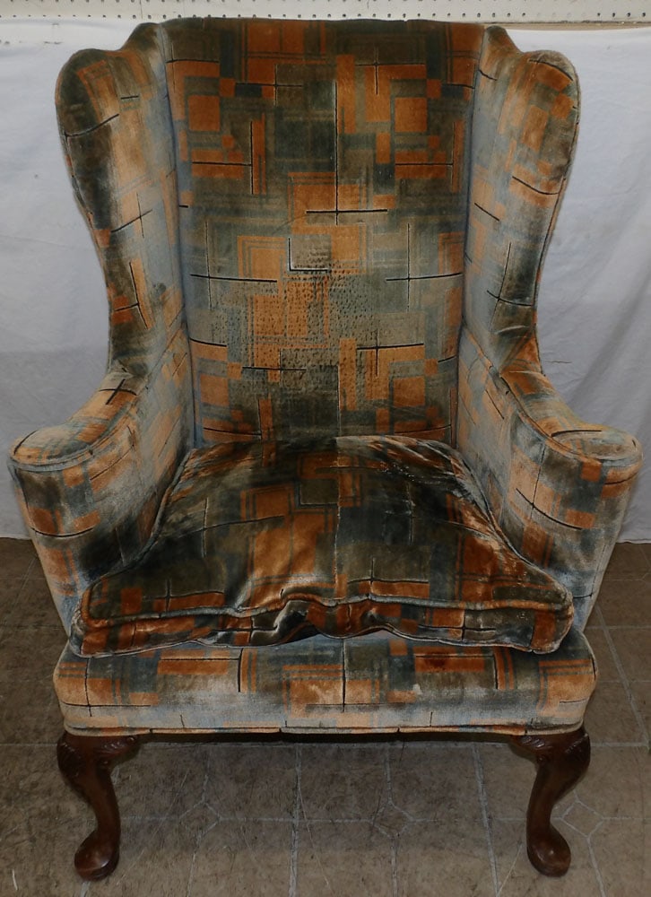Cherry & Upholstered Queen Anne Style Wing Back Chair  (1 of 6)
