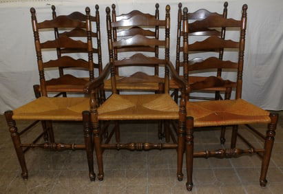 Set of Six Cherry Ladder Back Dining Chairs with Rush Seats