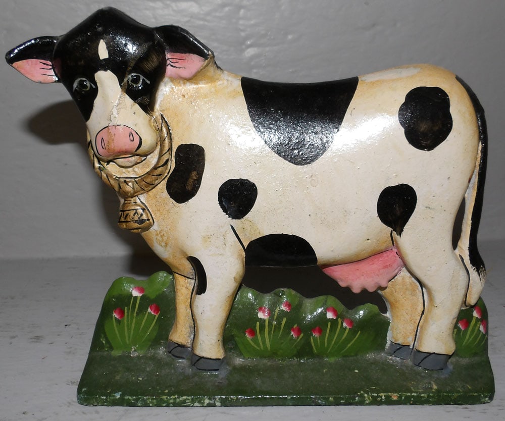 Painted Cast Iron Cow Door Stop: Painted Cast Iron Cow Door Stop. 7 1/4" x 8 1/2" ALL DESCRIPTIONS AND ANY CONDITION STATEMENT GIVEN BY LANGSTON AUCTION GALLERY ARE STRICTLY OPINIONS AND LANGSTON'S SHALL HAVE NO RESPONSIBILITY FOR ER