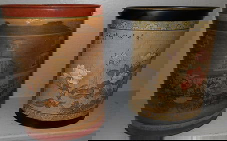 Two Painted Metal & Decoupage Decorated Waste Baskets
