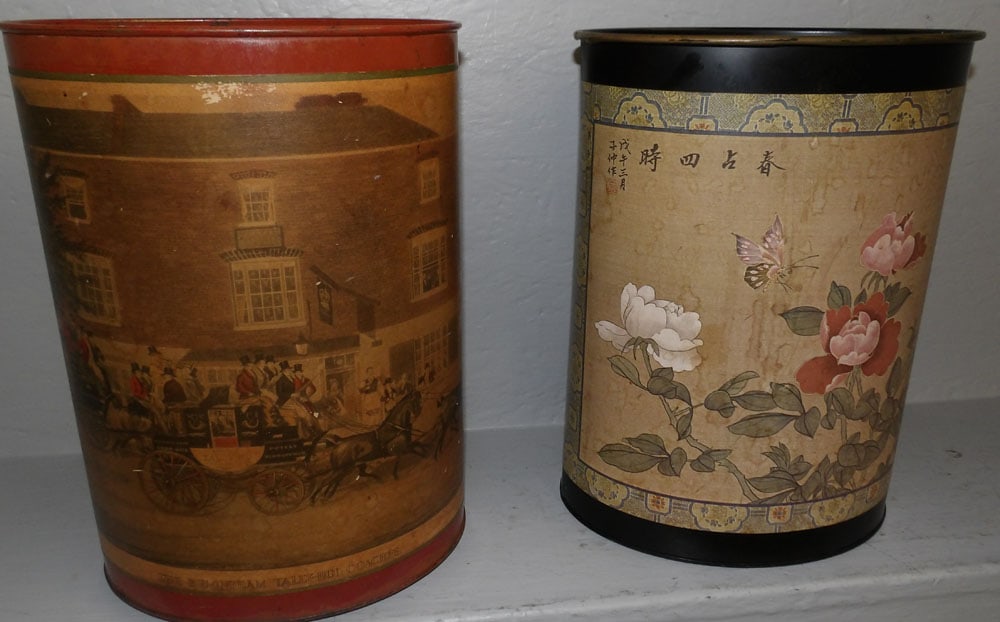 Two Painted Metal & Decoupage Decorated Waste Baskets  (1 of 4)