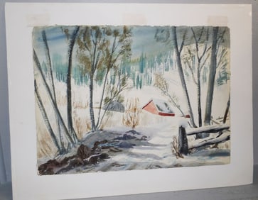 Unframed Watercolor Snow Scene Artist Signed