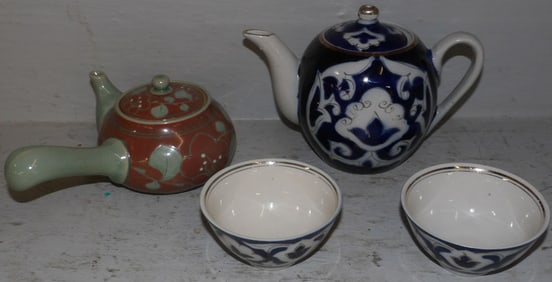 Three Piece Blue & White Uzbekistan Decorated Tea Set & Chinese Celadon Tea Pot