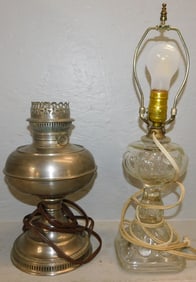 Antique Nickel Silver Rayo Oil Lamp & Antique Glass Oil Lamp, Electrified