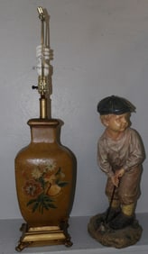Painted Ceramic Lamp & Resin Statue of Boy Playing Golf