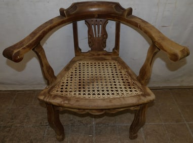 pair of walnut and cane seat arm chairs